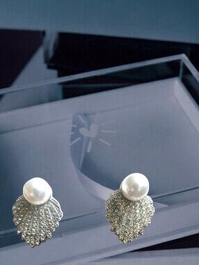 Faux Pearl and Crystal Fan Drop Earrings